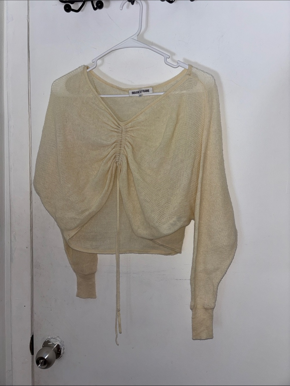 $495 IMAAN X Frame Limited Edition Cream Ruched V-Neck Drawstring Sweater